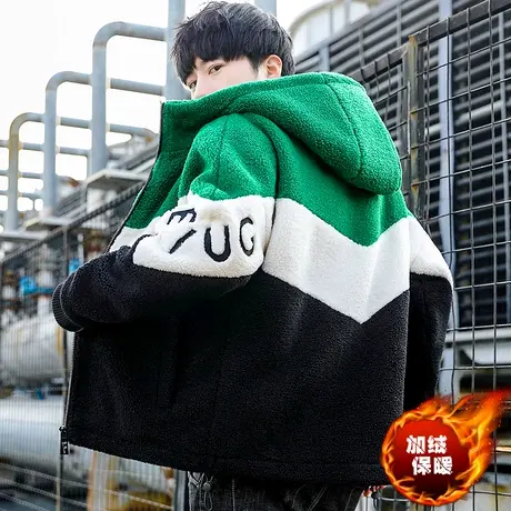 情侣装连帽羊羔毛棉服冬装男款潮牌加绒加厚棉衣摇颗粒绒保暖外套商品大图