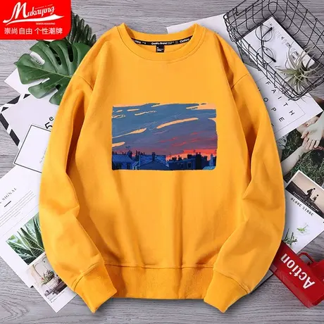 圆领卫衣男潮ins春秋季港风宽松长袖潮流套头薄款无帽黄色bf上衣图片