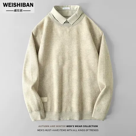 冬装简约时尚个性提花衬衫领毛衣男潮流套头假两件保暖针织衫外套图片