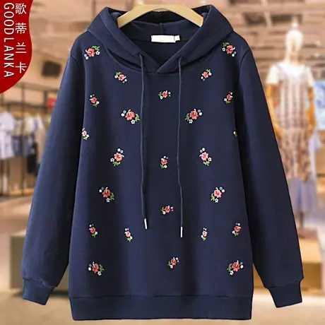 中老年女装秋冬季加绒加厚上衣洋气时尚加肥加大码女绣花连帽卫衣商品大图