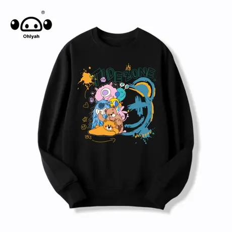 简约百搭长袖T恤男女宽松潮牌秋季薄款纯棉圆领卡通小熊笑脸卫衣商品大图