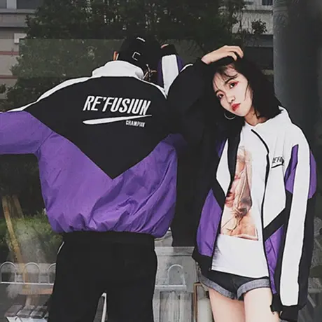 美式街头风衣帅气欧美街头撞色拼接风衣女hiphop嘻哈情侣外套学生商品大图