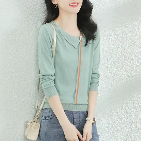 韩潮袭人斜领条纹撞色长袖套头针织衫女2023秋装新款薄款毛衣上衣图片