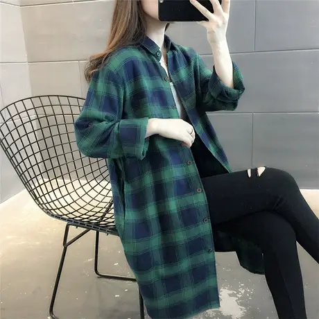 网红中长款格子衬衫女外套2023秋季新款韩版宽松衬衣长袖休闲上衣图片