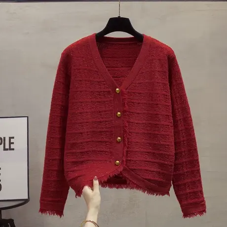 亮丝v领流苏针织开衫女2023秋装新款宽松外穿上衣外搭毛衣外套潮图片