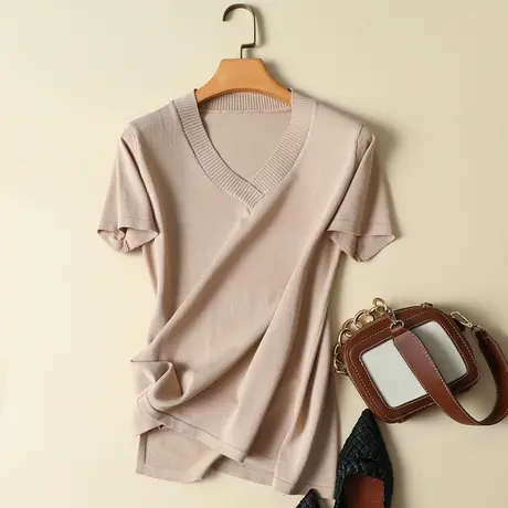 设计感T恤女夏季2023新款韩版宽松显瘦V领套头短袖上衣冰丝针织衫商品大图