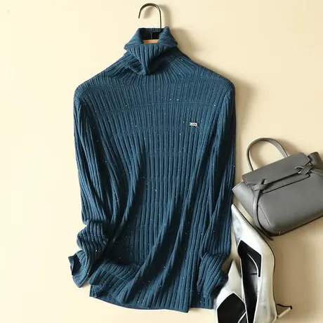 秋冬2022新款修身长袖堆堆高领针织打底衫女紧身毛衣女内搭上衣潮商品大图