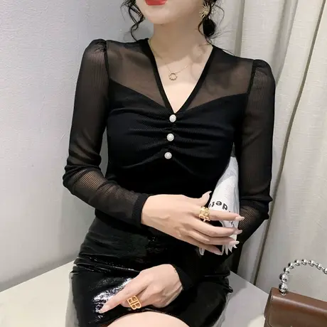 性感黑色网纱T恤女长袖2023春秋新款小衫修身打底衫气质V领上衣潮商品大图
