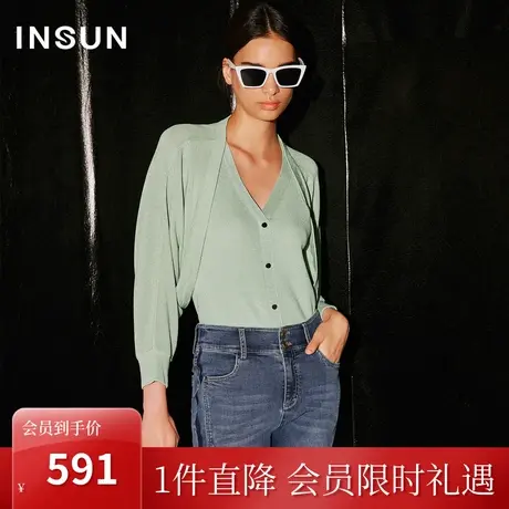 恩裳COVER2023秋季抗菌珍珠臻丝棉截短式蝙蝠袖开衫挂脖针织套装商品大图