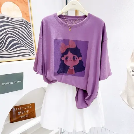 多巴胺微胖女孩显瘦穿搭~夏季薄款雪花棉短袖T恤紫色上衣软糯欧货图片