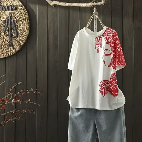 枫谜2020年夏装新款文艺中国风印花全棉短袖T恤女宽松休闲上衣图片