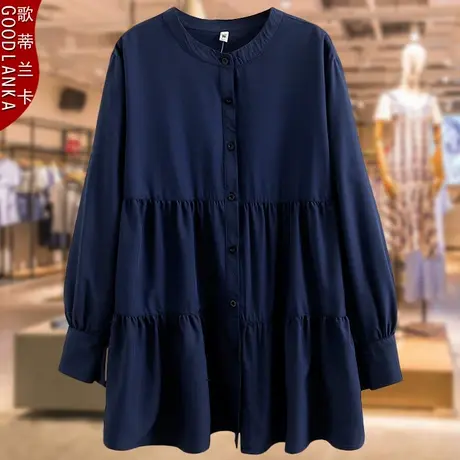 加肥加大码女装中长款立领衬衫洋气时尚妈妈装春装长袖百褶连衣裙商品大图