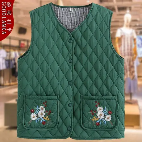 中老年妈妈秋冬夹棉马夹女200斤大码宽松洋气刺绣保暖羽绒棉马甲图片