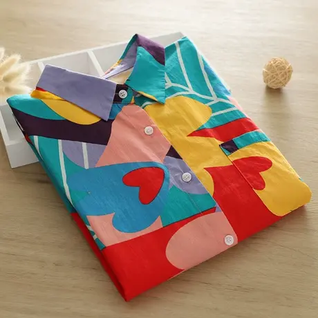 春秋季日系文艺复古清新印花纯棉长袖衬衫女宽松休闲百搭叠穿上衣图片