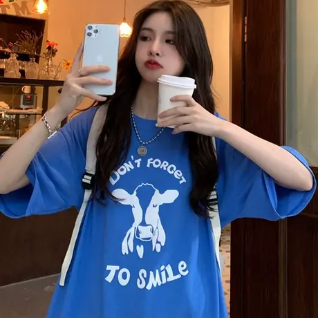 欧美复古短袖t恤女夏季宽松韩版ins半袖设计感小众chic港味上衣服商品大图