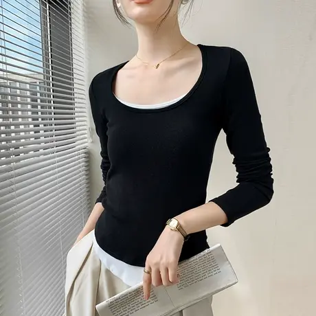 大u领长袖T恤女2023早秋新款收腰设计感小众打底衫假两件女上衣潮图片