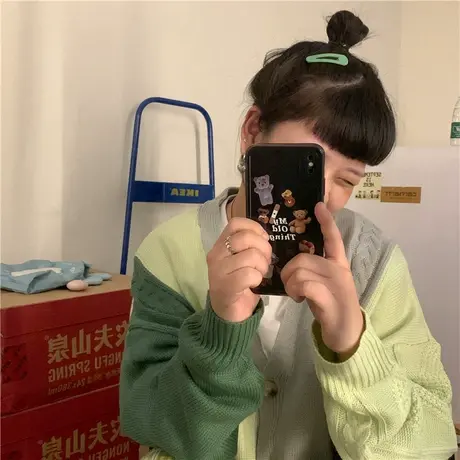 红续小个子撞色拼接毛衣开衫针织外套女日系复古慵懒风上衣秋冬季商品大图