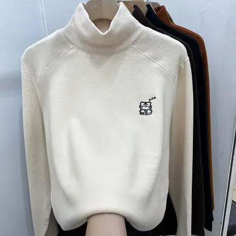 老虎刺绣高领德绒打底衫女秋冬新款宽松休闲加厚磨毛卫衣百搭上衣商品大图