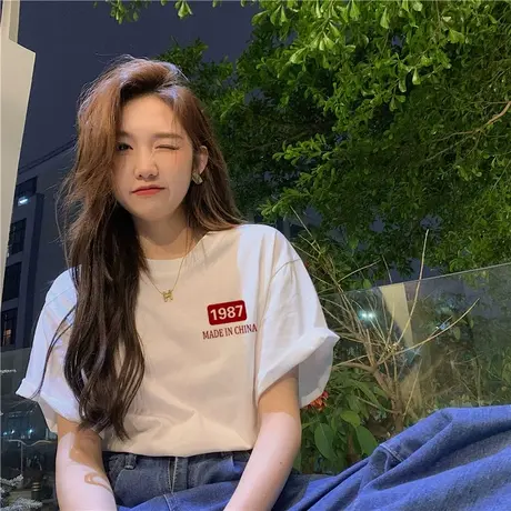 重磅纯棉白色短袖t恤女装ins潮宽松圆领夏季港味chic半袖正肩上衣商品大图
