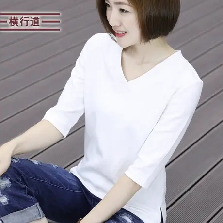 2023秋季白色竹节棉胖MM妈妈中袖t恤女装大码七分袖打底衫v领上衣图片