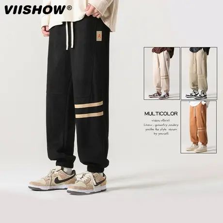 VIISHOW秋季新款麂皮休闲裤男士宽松美式潮牌ins运动束脚长裤子商品大图