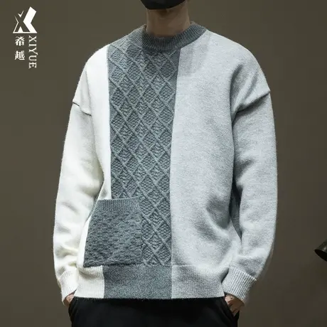 希越秋季710克重磅撞色毛衣男宽松大码8针圆领拼接口袋工装上衣潮商品大图