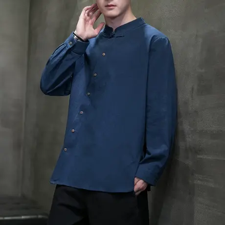 秋季男长袖衬衫大码斜襟中国风棉麻上衣服唐装新中式立领衬衣男装商品大图