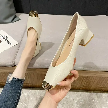 时尚金属方头单鞋女粗跟2023春季新款温柔风气质百搭软皮浅口单鞋商品大图