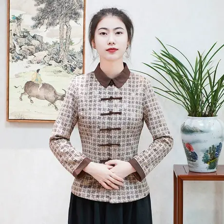筠雅春季唐装女中国风旗袍式上衣2022年新款中式盘扣外套格子茶服商品大图
