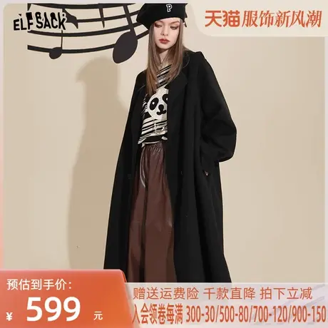 妖精的口袋中长款黑色毛呢大衣女2022秋冬季新款小个子高级感外套商品大图