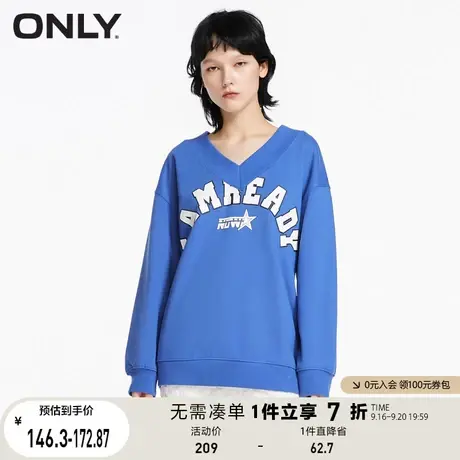 【买4免1】ONLY奥莱夏季时尚百搭V领字母印花宽松落肩卫衣女商品大图