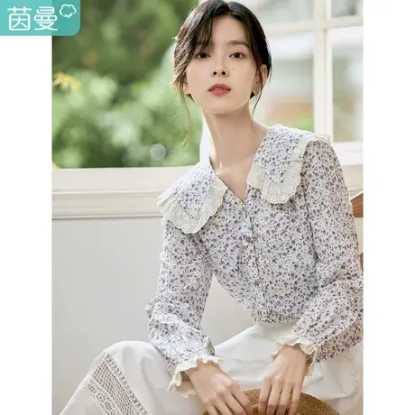 茵曼2023春女装新款田园清新拼接荷叶边娃娃领宽松显瘦碎花衬衣图片