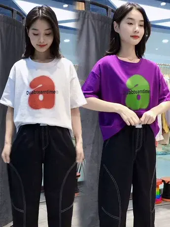 字母印花t恤简约洋气短袖女装上衣韩版欧货百搭宽松短款上衣体恤商品大图