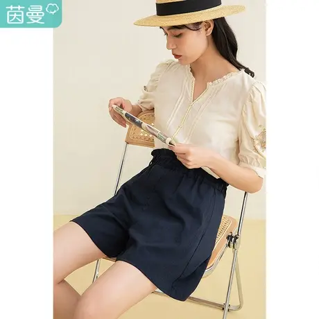 茵曼2023夏装新款高腰花苞头设计大口袋弹力腰头休闲少女宽松短裤图片