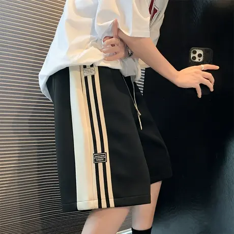 条纹贴标运动短裤男夏季薄款ins潮牌休闲美式高街宽松篮球五分裤5商品大图