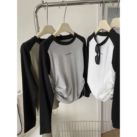 小个子短款撞色拼接长袖T恤女初秋百搭修身显瘦纯棉插肩袖上衣服商品大图