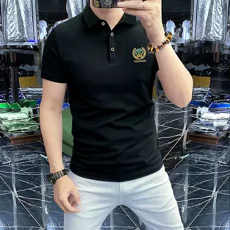 欧潮男士短袖t恤Polo衫高凹凸工艺麦税男装半袖翻领上衣休闲黑色商品大图