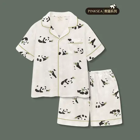 Pinksea睡衣男款夏季高级感冰丝熊猫短袖短裤套装大码男士家居服图片