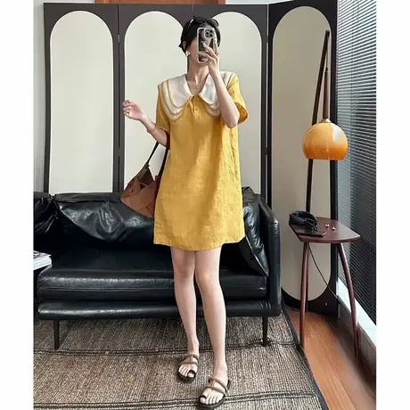 爵莱菲大码亚麻连衣裙女夏2025设计感中长款直筒裙法式娃娃领短袖图片
