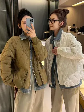 牛仔拼接假两件棉衣外套女2023秋冬装新款韩版棉服外套ins百搭潮图片