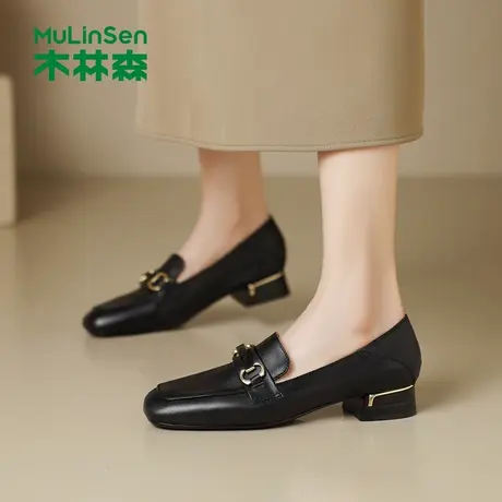 木林森女鞋2025新款夏季通勤粗跟不累脚皮鞋复古羊皮软底女士单鞋图片