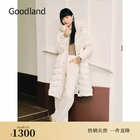 【蓬松高克重】Goodland美地2024冬季新款盐缩立领连帽长款羽绒服图片