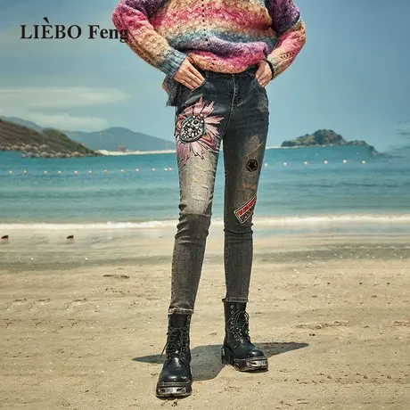 裂帛LIEBOFeng设计师品牌chic民族风刺绣修身小脚铅笔裤牛仔裤女商品大图