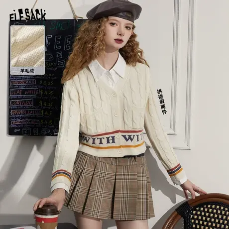 妖精的口袋假两件毛衣开衫女2023秋季新款小个子学院风短款上衣潮商品大图
