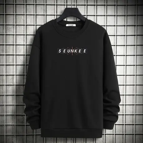 黑色卫衣男2023新款秋冬加绒加厚圆领无帽宽松潮流摇粒绒长袖t恤商品大图