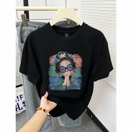 美式夏季新款黑色正肩短袖t恤女士宽松显瘦小个子减龄印花上衣潮图片