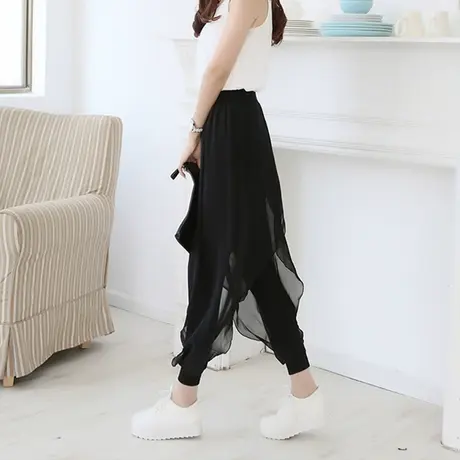 春夏薄款宽松雪纺哈伦裤假两件小脚九分裤大码女裤休闲网纱灯笼裤图片