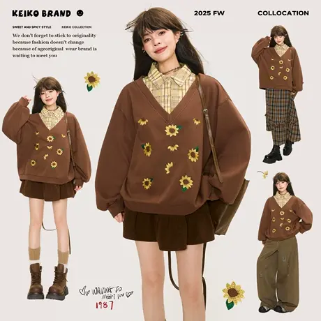 KEIKO 文艺感向日葵绣花卫衣女25秋季学院风减龄假两件polo领上衣商品大图