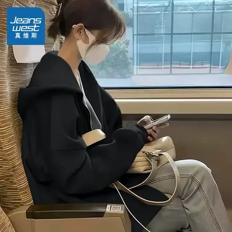 KMV真维斯奶白色卫衣外套女秋季2025新款韩系甜妹奶fufu初秋连帽商品大图