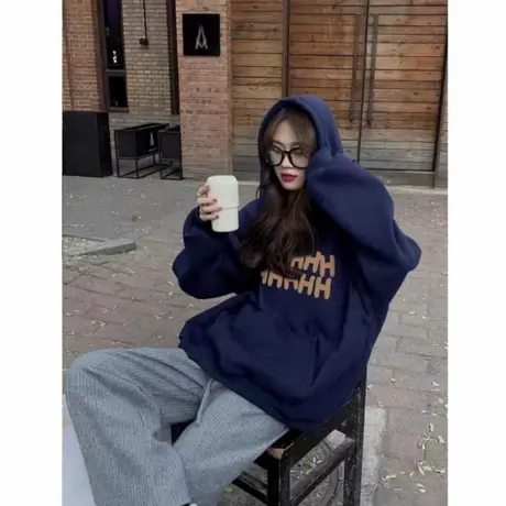 慵懒风字母印花2025新款秋季韩系连帽衫长袖藏蓝色卫衣女大码上衣商品大图